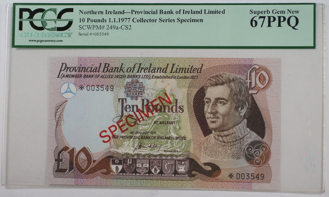 1977 Northern Ireland 10 Pound Banknote PCGS 67 PPQ Uncirculated Gem: 1977 Northern Ireland 10 Pound Banknote PCGS 67 PPQ Uncirculated Gem This exquisite 1977 Northern Ireland 10 Pound banknote is a remarkable specimen, graded PCGS 67 PPQ, denoting its superb gem condit