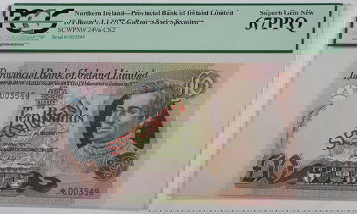1977 Northern Ireland 10 Pound Banknote PCGS 67 PPQ Uncirculated Gem: 1977 Northern Ireland 10 Pound Banknote PCGS 67 PPQ Uncirculated Gem This exquisite 1977 Northern Ireland 10 Pound banknote is a remarkable specimen, graded PCGS 67 PPQ, denoting its superb gem condit