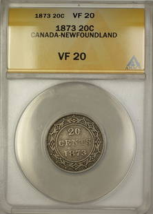 1873 Newfoundland 20 Cents Silver Coin ANACS VF 20 Certified: 1873 Newfoundland 20 Cents Silver Coin ANACS VF 20 Certified This 1873 Canada Newfoundland 20 cents silver coin is a remarkable piece of numismatic history. It has been graded as VF 20, indicating tha