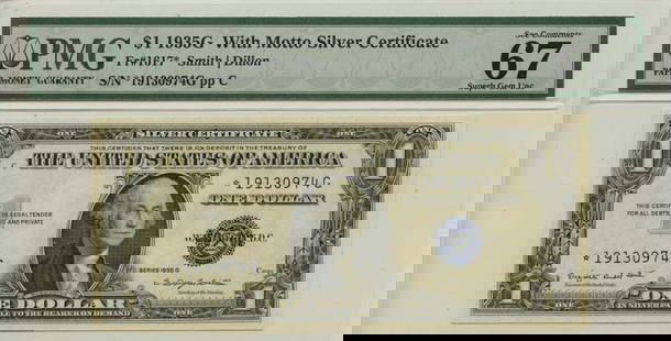 1935 $1 Silver Certificate Fr# 1617* PMG Superb Gem 67 EPQ: 1935 $1 Silver Certificate Fr# 1617* PMG Superb Gem 67 EPQ This 1935 $1 Silver Certificate, cataloged as Fr# 1617*, is graded as PMG Superb Gem 67 EPQ, indicating its exceptional quality. This uncircu