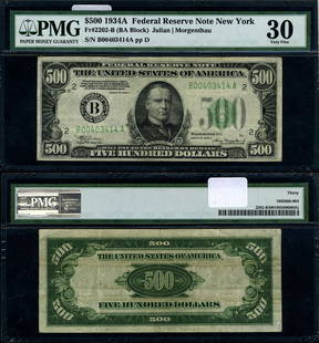 1934-A $500 Federal Reserve Note PMG VF30 New York B-A Block: 1934-A $500 Federal Reserve Note PMG VF30 New York B-A Block This 1934-A $500 Federal Reserve Note from the New York B-A Block is certified by PMG with a grade of VF30, indicating it is in very fine c