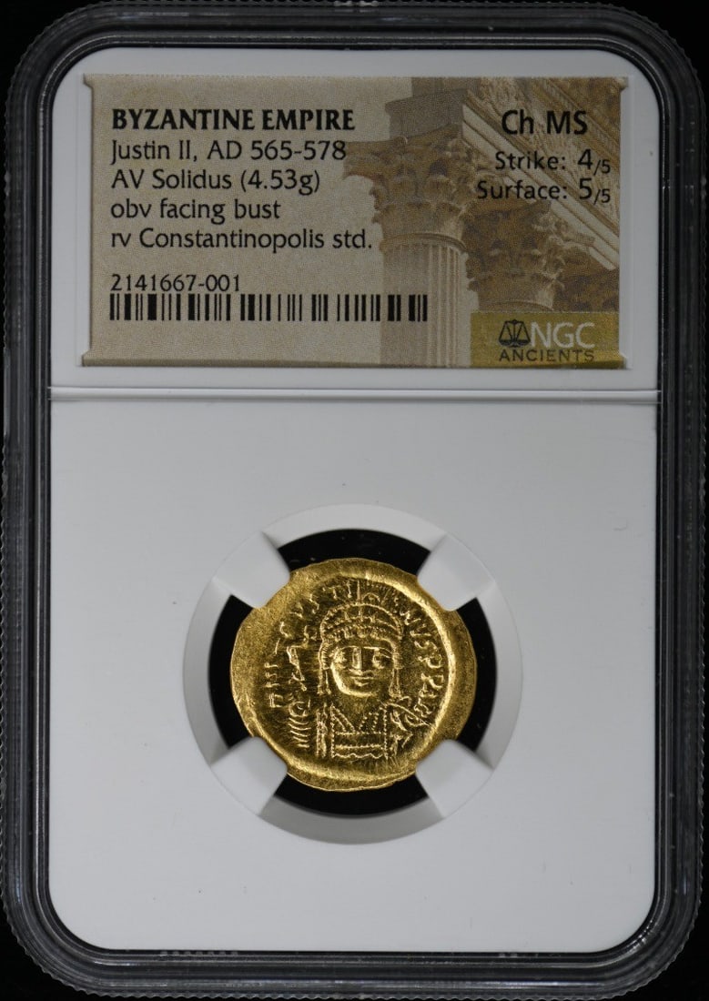 Justin II AV Solidus Coin NGC MS63 Byzantine Empire: Justin II AV Solidus Coin NGC MS63 Byzantine Empire This impressive AV Solidus features Justin II, who ruled from AD 565 to 578 during the Byzantine Empire. It is certified by NGC with a grade of MS63