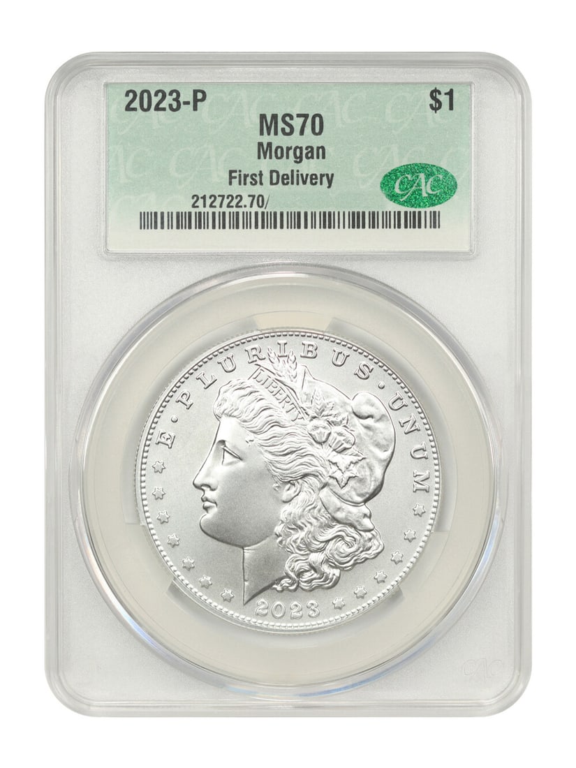 2023-P Morgan Dollar CACG MS70 First Delivery Uncirculated Coin: 2023-P Morgan Dollar CACG MS70 First Delivery Uncirculated Coin Up for auction is a stunning 2023-P Morgan Dollar, certified by CACG with a pristine grade of MS70, indicating it is uncirculated and in