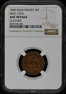 1848 ESSAI France 20 Francs Coin NGC Certified UNC Details: 1848 ESSAI France 20 Francs Coin NGC Certified UNC Details This 1848 ESSAI France 20 Francs coin is certified by NGC with the certification number 8295748006. It is graded as UNC Details, indicating i