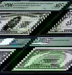 1928-A $5 Federal Reserve Note Cleveland D-A Block PMG CU65 EPQ: 1928-A $5 Federal Reserve Note Cleveland D-A Block PMG CU65 EPQ This is a 1928-A Federal Reserve Note, denomination $5, featuring the Cleveland D-A Block. This note is graded as Gem CU65 EPQ by PMG, i