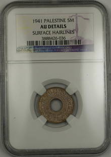 1941 Palestine 5 Mils Coin NGC AU Details Vintage Circulated: 1941 Palestine 5 Mils Coin NGC AU Details Vintage Circulated This 1941 Palestine 5 Mils coin is a remarkable piece of history, featuring a grade of AU Details as certified by NGC. The coin is circulat