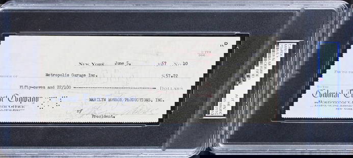 Marilyn Monroe Signed 1957 Check 3x8.25 PSA Authenticated: Marilyn Monroe Signed 1957 Check 3x8.25 PSA Authenticated This authentic check, measuring 3x8.25 inches, is dated June 5, 1957 and has been personally signed by the iconic Marilyn Monroe. The autograp