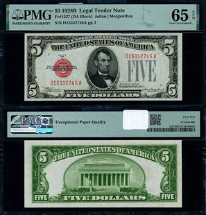 1928-B $5 Legal Tender Note PMG CU65 EPQ Gem Quality: 1928-B $5 Legal Tender Note PMG CU65 EPQ Gem Quality This is a $5 Legal Tender note from 1928-B, graded as CU65 EPQ Gem by PMG, indicating it is in uncirculated condition. It features exceptional pres