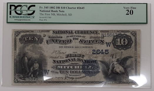1882 $10 National Currency 1st Nat'l Bank Mitchell SD PCGS VF 20: 1882 $10 National Currency 1st Nat'l Bank Mitchell SD PCGS VF 20 This 1882 $10 National Currency note from the 1st National Bank of Mitchell, South Dakota, is a piece of American history. It has been