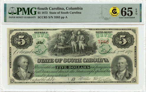 1872 $5 South Carolina Columbia PMG MS65 Uncirculated Obsolete Note: 1872 $5 South Carolina Columbia PMG MS65 Uncirculated Obsolete Note This is an 1872 $5 South Carolina note from Columbia, certified by PMG with a grade of MS65. It is an uncirculated obsolete note, fe