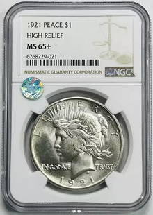 1921 Peace Dollar NGC MS 65+ High Relief Uncirculated Coin: 1921 Peace Dollar NGC MS 65+ High Relief Uncirculated Coin This stunning 1921 Peace Dollar, certified by NGC with a grade of MS 65+, showcases remarkable high relief details and is uncirculated, makin