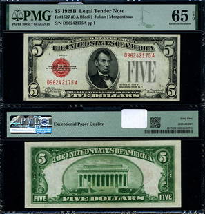 $5 1928-B Legal Tender Note PMG CU65 EPQ D-A Block: $5 1928-B Legal Tender Note PMG CU65 EPQ D-A Block This is a $5 1928-B Legal Tender note, graded as CU65 EPQ Gem by PMG, indicating its exceptional quality. The note is uncirculated and features the D