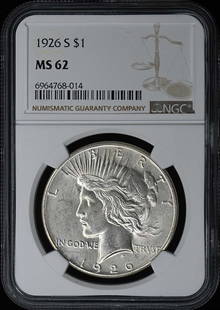 1926-S Peace Dollar NGC MS62 Uncirculated Coin San Francisco: 1926-S Peace Dollar NGC MS62 Uncirculated Coin San Francisco This 1926-S Peace Dollar is a stunning example of American numismatic history, certified by NGC with a grade of MS62. Minted in San Francis