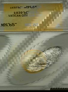 1939 Vatican City Silver 5 Lire Coin ANACS MS 65 Uncirculated: 1939 Vatican City Silver 5 Lire Coin ANACS MS 65 Uncirculated This 1939 Vatican City Silver 5 Lire coin is graded MS 65 by ANACS, indicating its uncirculated condition. The coin is composed of silver