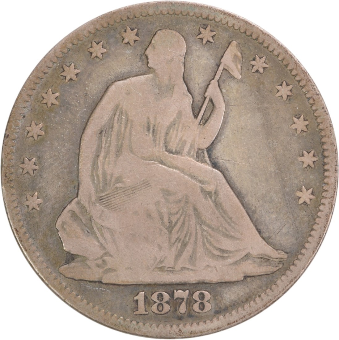 1878 Liberty Seated Half Dollar 90% Silver Uncertified Coin: 1878 Liberty Seated Half Dollar 90% Silver Uncertified Coin This 1878 Liberty Seated Half Dollar showcases a rich history, featuring the iconic Seated Liberty design by Thomas Sully and Christian Gobr