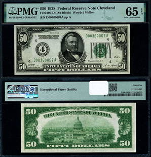 1928 $50 Federal Reserve Note Cleveland D-A Block PMG CU65 EPQ: 1928 $50 Federal Reserve Note Cleveland D-A Block PMG CU65 EPQ This 1928 Federal Reserve Note features a denomination of $50 and is a remarkable example of currency with a grade of CU65 EPQ from PMG,