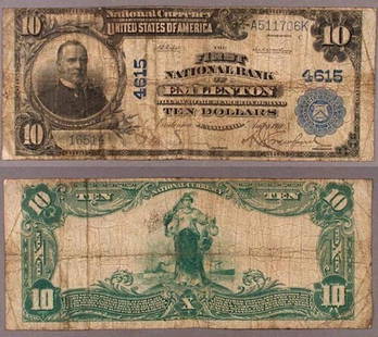 1902 $10 Emlenton PA National Bank Note Ch #4615 Circulated: 1902 $10 Emlenton PA National Bank Note Ch #4615 Circulated This $10 National Bank Note from 1902 features the Emlenton PA designation and is classified as a Grade: Good. The note is circulated and be