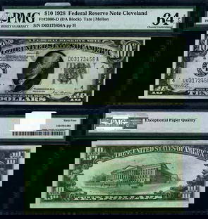 1928 $10 Federal Reserve Note Cleveland D-A Block PMG CU64 EPQ: 1928 $10 Federal Reserve Note Cleveland D-A Block PMG CU64 EPQ This is a 1928 Federal Reserve Note with a denomination of $10, graded as Choice Uncirculated (CU64 EPQ) by PMG. It features the Clevelan