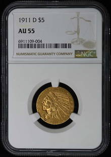 1911-D Indian $5 Coin NGC AU55 Certified Denver Mint: 1911-D Indian $5 Coin NGC AU55 Certified Denver Mint This 1911-D Indian $5 coin is certified by NGC with a grade of AU55, indicating it has been circulated but remains in excellent condition. Struck a