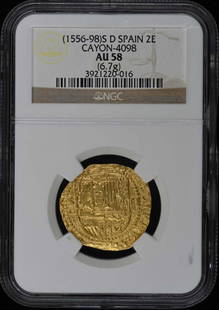 1556-1598 Spain Gold 2 Escudo NGC AU58 Certified Coin: 1556-1598 Spain Gold 2 Escudo NGC AU58 Certified Coin This exquisite gold 2 Escudo coin from Spain, minted between 1556 and 1598, showcases a grade of AU58 as certified by NGC, reflecting its high-qua
