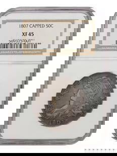 1807 Capped Bust Half Dollar NGC XF45 First Year Philadelphia Mint: 1807 Capped Bust Half Dollar NGC XF45 First Year Philadelphia Mint This 1807 Capped Bust Half Dollar is a notable piece from the Philadelphia mint, belonging to the first year of the Capped Bust desig