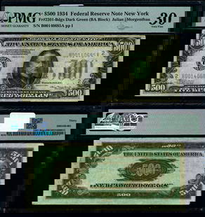 1934 $500 Federal Reserve Note B-A Block PMG VF30: 1934 $500 Federal Reserve Note B-A Block PMG VF30 This listing features a $500 Federal Reserve Note from 1934, designated as B-A Block. The note has been graded by PMG at VF30, indicating its very fin