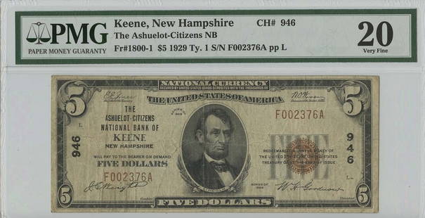 1929 $5 Type I Ashuelot Citizens National Bank Note PMG VF20: 1929 $5 Type I Ashuelot Citizens National Bank Note PMG VF20 This is a 1929 $5 Type I Ashuelot Citizens National Bank note from New Hampshire, graded VF20 by PMG. The note is in pre-owned condition an