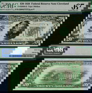 1928 $20 Federal Reserve Note Cleveland D-A Block PMG CU67: 1928 $20 Federal Reserve Note Cleveland D-A Block PMG CU67 This is a 1928 Federal Reserve Note from the Cleveland District, designated as D-A Block. It is a $20 denomination note that has been graded