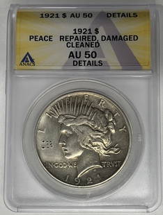 1921 Peace Silver Dollar Coin ANACS AU 50 Silver Collectible: 1921 Peace Silver Dollar Coin ANACS AU 50 Silver Collectible This 1921 Peace Silver Dollar Coin is a sought-after collectible, featuring a denomination of $1. The coin is made of silver and has been c
