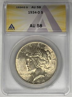 1934-D Peace Silver Dollar Coin AU 58 ANACS Certified: 1934-D Peace Silver Dollar Coin AU 58 ANACS Certified This 1934-D Peace Silver Dollar Coin features a denomination of $1 and is composed of high-quality silver. It has been graded AU 58 by ANACS, indi