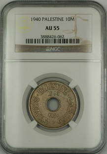 1940 Palestine 10 Mils Coin NGC AU-55 Certified Circulated: 1940 Palestine 10 Mils Coin NGC AU-55 Certified Circulated This 1940 Palestine 10 Mils coin is an intriguing piece of numismatic history. It has been graded by NGC as AU-55, indicating its attractive