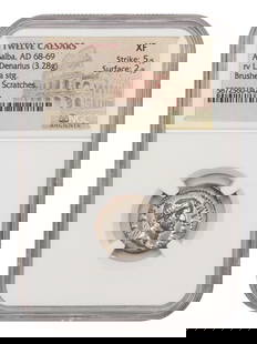 Ancient Roman Galba AR Denarius AD 68-69 NGC XF Bold Detail: Ancient Roman Galba AR Denarius AD 68-69 NGC XF Bold Detail This Ancient Roman AR Denarius features Galba, who ruled from AD 68-69, and is certified as NGC XF with noted brushing and scratches. Despit