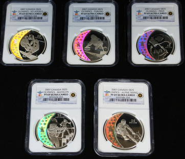 2007 Canada Hologram Olympic Coins Set 5 x $25 Silver NGC PR 69: 2007 Canada Hologram Olympic Coins Set 5 x $25 Silver NGC PR 69 This exquisite set features five 2007 Canada Hologram Coins, each with a denomination of $25. Crafted from high-quality silver, these co
