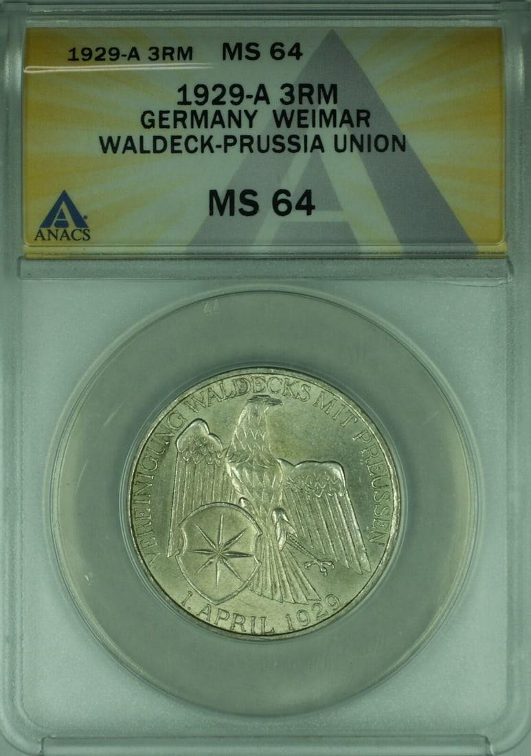 1929 3RM Weimar Republic Silver Coin Waldeck-Prussia Union ANACS MS 64: 1929 3RM Weimar Republic Silver Coin Waldeck-Prussia Union ANACS MS 64 This 1929 3RM silver coin from Germany, specifically from the Weimar Republic era, features the Waldeck-Prussia Union. Certified 