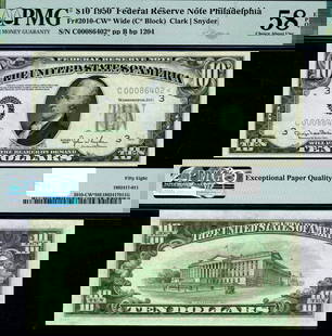 1950 $10 Federal Reserve Note C-* Block PMG AU58 Certified: 1950 $10 Federal Reserve Note C-* Block PMG AU58 Certified This is a 1950 Federal Reserve Note, denomination $10, from the Philadelphia district, designated as C-* Block. It has been graded by PMG as