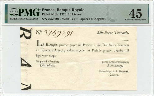 1720 10 Livres Banque Royale PMG XF45 Certified Currency: 1720 10 Livres Banque Royale PMG XF45 Certified Currency This item is a 1720 10 Livres note from France, issued by the Banque Royale. It has been graded by PMG as XF45, indicating it is in excellent c