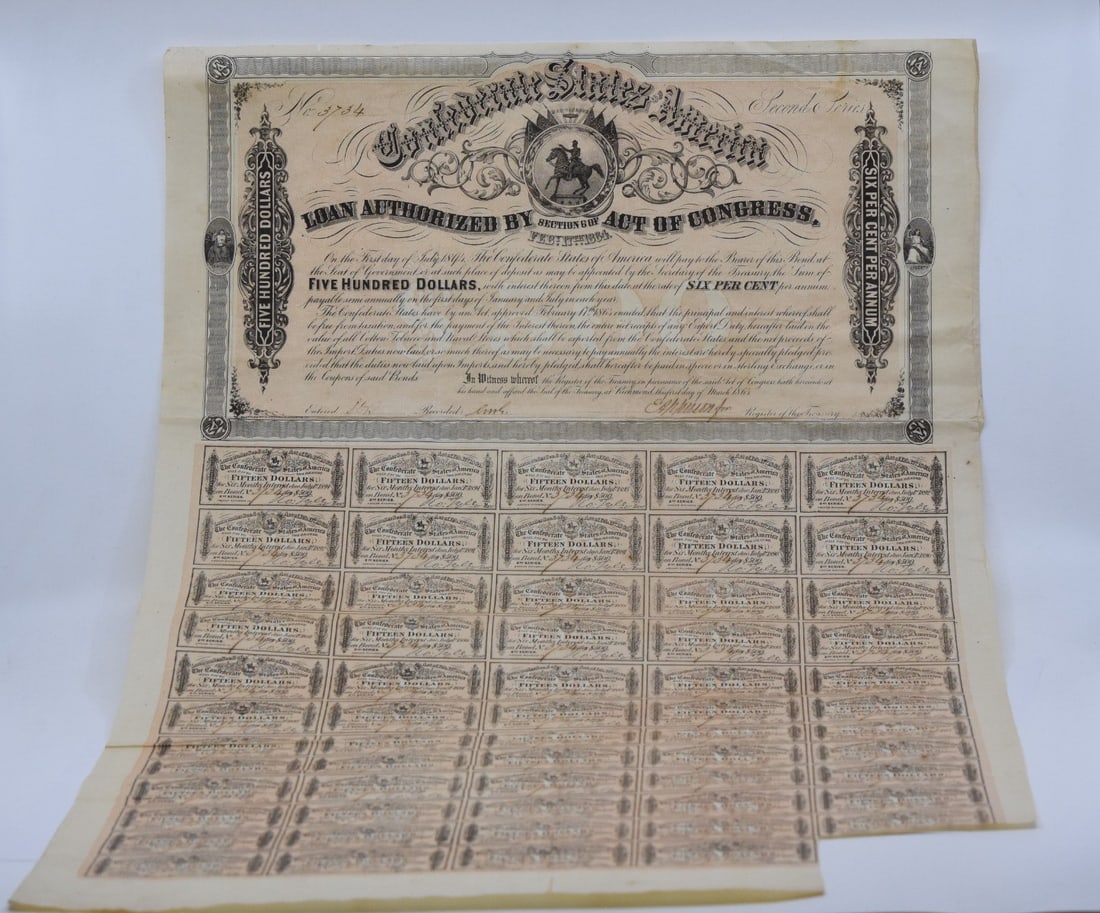 1864 Confederate States $500 Bond Uncertified Historic Collectible: 1864 Confederate States $500 Bond Uncertified Historic Collectible This historical collectible features a 1864 Confederate States $500 Bond, authorized by the Act of February 17, 1864. It is an uncert