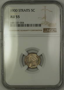 1900 Straits 5c Silver Coin NGC AU 55 Certified: 1900 Straits 5c Silver Coin NGC AU 55 Certified This 1900 Straits 5c Five Cents Silver Coin is certified by NGC with a grade of AU 55, indicating it is in an attractive circulated condition. The coin