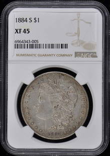 1884-S Morgan Dollar NGC XF45 Circulated San Francisco Coin: 1884-S Morgan Dollar NGC XF45 Circulated San Francisco Coin This 1884-S Morgan Dollar showcases a rich history and remarkable craftsmanship. Graded as XF45 by NGC, this coin exhibits moderate wear whi