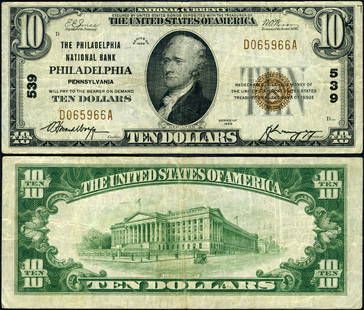 1929 T-1 $10 National Bank Note Philadelphia PA Ch #539: 1929 T-1 $10 National Bank Note Philadelphia PA Ch #539 This $10 National Bank Note from Philadelphia, Pennsylvania, is a 1929 T-1 series piece. It is classified as Very Fine (VF+) and has been circul