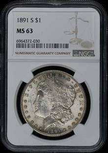 1891-S Morgan Dollar NGC MS63 Uncirculated San Francisco Coin: 1891-S Morgan Dollar NGC MS63 Uncirculated San Francisco Coin This 1891-S Morgan Dollar is a stunning representation of American coinage, certified by NGC with a grade of MS63, indicating it is in unc