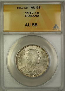 1917 Thailand 1 Baht Silver Coin ANACS AU 58 Certified: 1917 Thailand 1 Baht Silver Coin ANACS AU 58 Certified This 1917 Thailand 1 Baht Silver Coin is a remarkable piece for collectors. Certified by ANACS with a grade of AU 58, this coin is composed of si