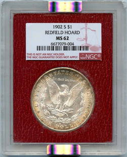 1902-S NGC MS62 Morgan Dollar from Redfield Hoard: 1902-S NGC MS62 Morgan Dollar from Redfield Hoard This 1902-S Morgan Dollar is a remarkable piece from the renowned Redfield Hoard, certified by NGC with a grade of MS62. Struck in San Francisco, this