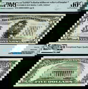 1934-D $5 Federal Reserve Note Cleveland D-A Block PMG CU66 EPQ: 1934-D $5 Federal Reserve Note Cleveland D-A Block PMG CU66 EPQ This 1934-D $5 Federal Reserve Note features the Cleveland D-A Block and is graded as CU66 EPQ Gem by PMG, indicating its exceptional qu