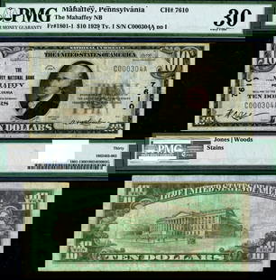 1929 T-1 $10 National Bank Note Mahaffey PA PMG VF30: 1929 T-1 $10 National Bank Note Mahaffey PA PMG VF30 This $10 National Bank Note from Mahaffey, Pennsylvania, is a 1929 T-1 series bill. It is graded VF30 by PMG, indicating it is in very fine conditi