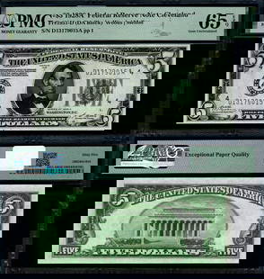1928-A $5 Federal Reserve Note Cleveland D-A Block PMG CU65 EPQ: 1928-A $5 Federal Reserve Note Cleveland D-A Block PMG CU65 EPQ This is a 1928-A Federal Reserve Note with a denomination of $5, featuring the Cleveland D-A Block. It is graded as CU65 EPQ Gem by PMG,