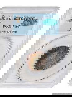1885 Liberty Seated Quarter MS67 PCGS CAC Rainbow Toning Rare Find: 1885 Liberty Seated Quarter MS67 PCGS CAC Rainbow Toning Rare Find This stunning 1885 Liberty Seated Quarter, graded MS67 by PCGS and approved by CAC, is a remarkable example from a low mintage of onl