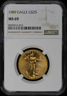 1989 Eagle G$25 Coin NGC MS69 Certified Authentic: 1989 Eagle G$25 Coin NGC MS69 Certified Authentic This stunning 1989 Eagle G$25 coin is certified by NGC with a remarkable grade of MS69, indicating its exceptional quality and preservation. The coin