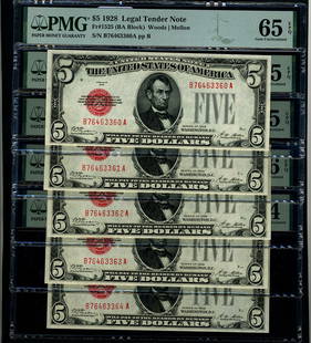 1928 $5 Legal Tender Note B-A Block PMG CU64 EPQ Gem: 1928 $5 Legal Tender Note B-A Block PMG CU64 EPQ Gem This is a 1928 $5 Legal Tender note, designated as B-A Block, graded as CU64 EPQ by PMG, indicating it is in uncirculated condition with exceptiona