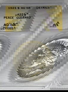 1921 Peace Silver Dollar Coin ANACS AU 58 Certified Silver: 1921 Peace Silver Dollar Coin ANACS AU 58 Certified Silver This 1921 Peace Silver Dollar Coin is a remarkable piece of numismatic history, featuring a denomination of $1. Struck in silver, this coin i
